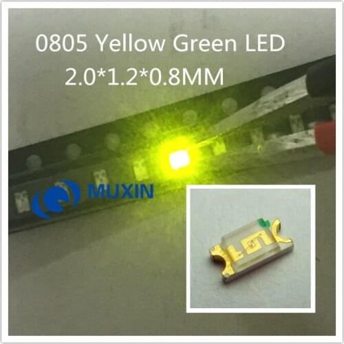 100pcs 0805 SMD Yellow Green LED Chip 20mA DC 2V Light Emitting Diode Lamp (2012) SMT LED Chip Beads Surface Mount Technology