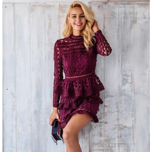 2021 New Spring Summer Self Portrait Layers Ruffles Party Dress Runway Women Wine Red Lace Hollow Out Short Cake Dress Vestidos