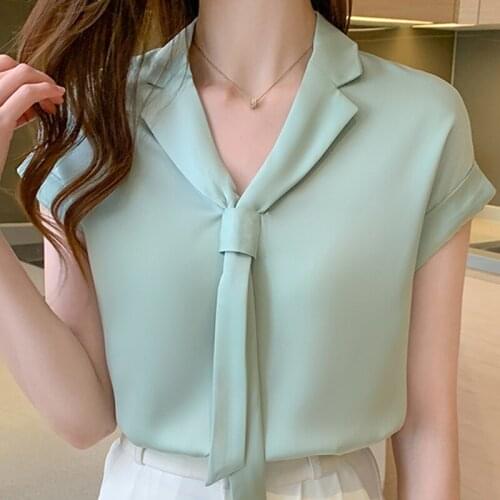 Blusas Blouses Tops Women Short Sleeve Blouse Women Bow V-Neck Chiffon Blouse Shirt Blusas Mujer De Moda 2021 Women Shirts E935