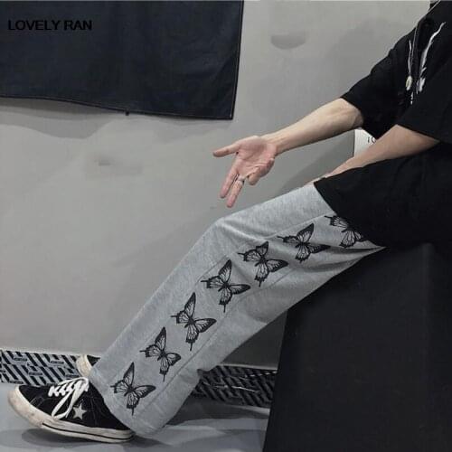 Printed Butterfly Harajuku Pants Women Vintage High Waist Straight Wide Leg Pant Female 2021 Summer Autumn Girls Causal Trousers