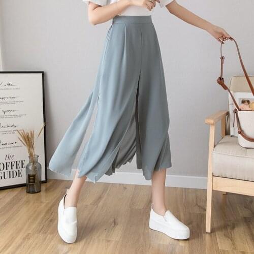 Ice Silk Chiffon Wide-Legged Pants Women Summer Casual Loose Fake Two Piece Pants Skirt 2021 Fashion Beach Pants Female