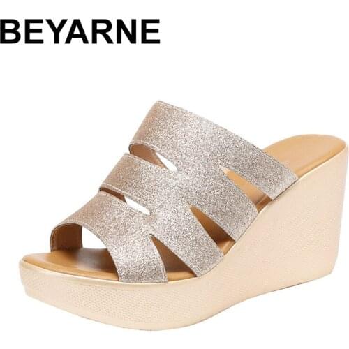 BEYARNE Platform Slippers Women Shoes Summer 2020 Bling High Heels Wedges Slides Ladies Slippers Gold Black Red Plus Size 33-43