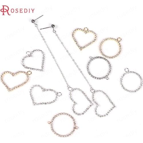 F565)10 pieces Brass with Glass Rhinestone Round Circle and Heart Connnect Charms Pendants Diy Jewelry Findings Accessories