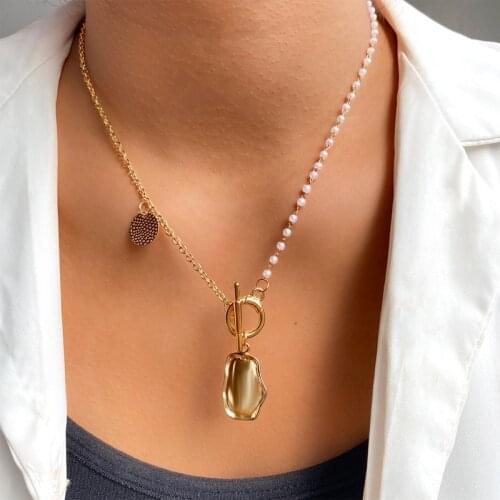 KISS WIFE Fashion Asymmetric Gold Pearl Beads Necklace For Women Vintage Irregular Coin Pendant Necklaces 2021 Trend Jewelry