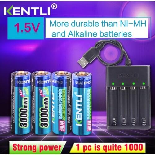 4pcs KENTLI AA 1.5V 3000mWh polymer lithium li-ion rechargeable batteries battery+4 slots USB li-ion battery charger