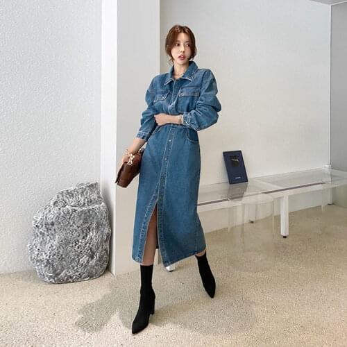 S-XL Plus Size 2020 Autumn Sweet Dress Women Turn-down Collar Long Dresses Ladies Sexy Slim Denim Dress Female Streetwear