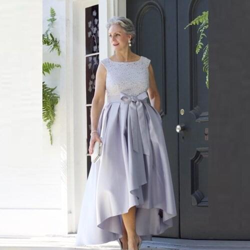 Silver Mother Of The Bride Dresses A-line Ankle Length Satin Lace High Low Plus Size Groom Mother Dresses For Weddings
