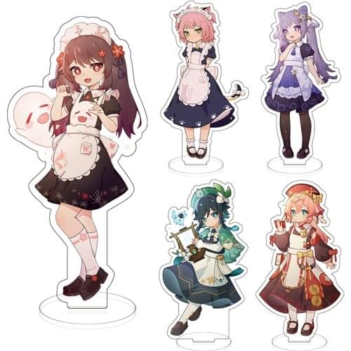 Maid Theme Anime Genshin Impact Q Version Figure Stand Model Plate Hutao Keqing Qiqi YanFei Venti Cosplay Keychain Desktop Decor