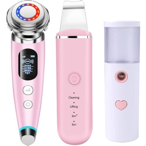 Face Skin Care Vibration Massage Device Eye Lifting Wrinkle Removal + Ultrasonic Skin Scrubber Facial Pore Cleaner+Nano sprayer