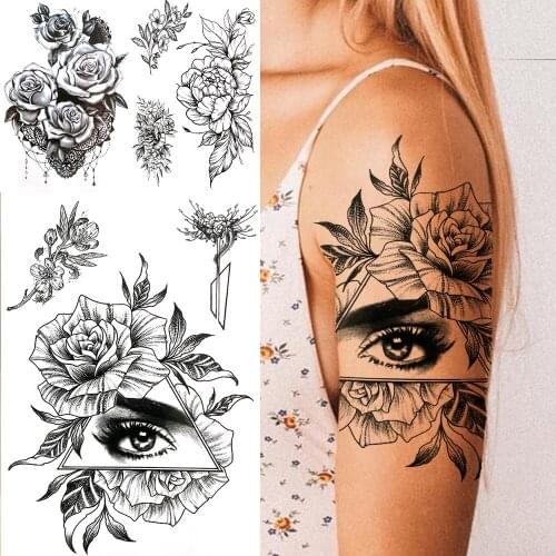 Triangle Eye Flower Temporary Tattoos For Women Girls Dahlia Orchid Peony Rose Tattoo Sticker Black Fake Arm Big Tatoos Decal