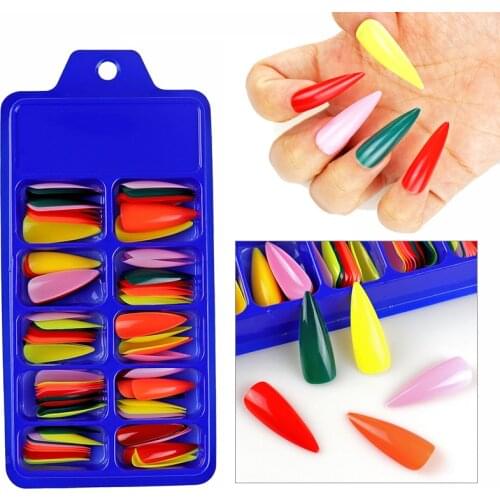 WAKEFULNESS 100Pcs Long Stiletto Fake Nails Mix Color Coffin Nails Art Tips Drop ABS Full Cover Fasle Nails Manicure Tools