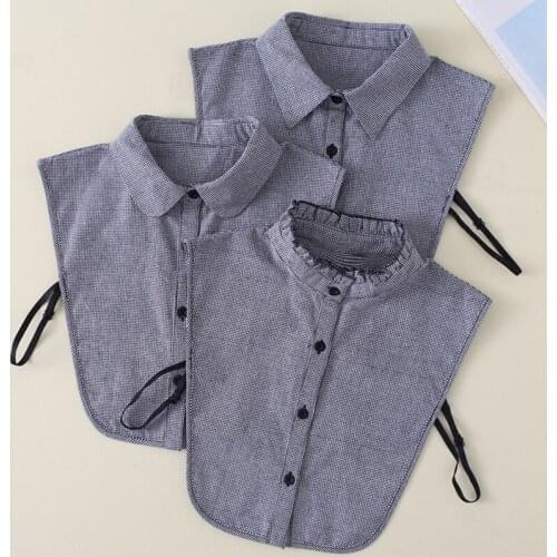 Women Student Ruffled Lapel Cotton False Fake Collar Vintage Houndstooth Printed Button Down Detachable Half Shirt Blouse Decor