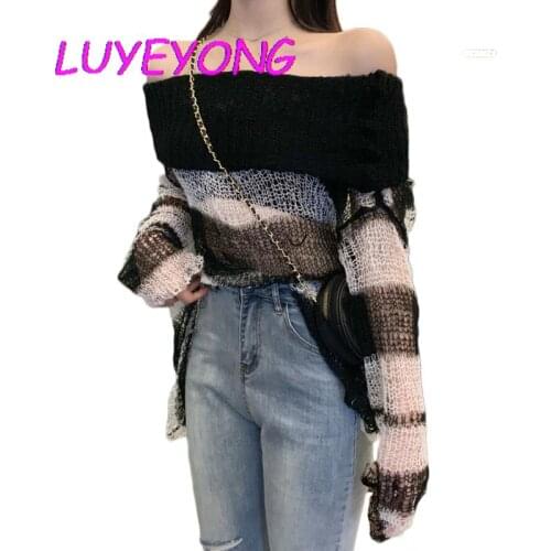 Punk Loose Women Pullover Long Sweater Hole Cool Top Slash Neck Jumpers Transparent New Gothic Thin Striped Hollow Out 2020 Lady