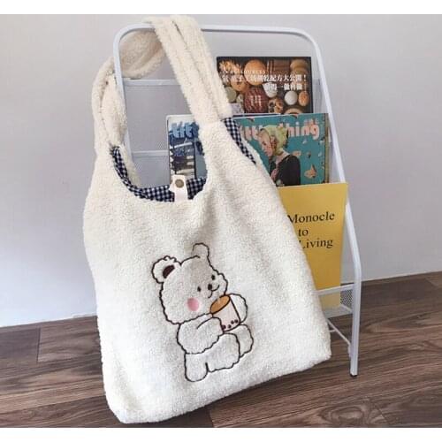 Cute Bear Embroidery Women Purse Handbags Soft Plush Ladies Shopping Tote Bag Faux Lamb Wool Girls Student Large Shoulder Bags