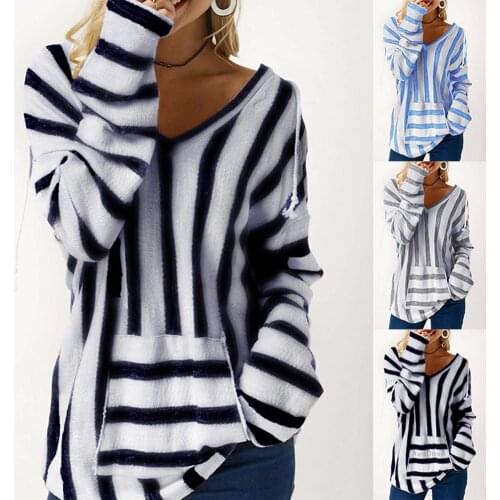 Winter Women Casual Loose Striped V Neck Long Sleeve Pullover Top with Pocket spring summer Casual Long Sleeve Pullovers