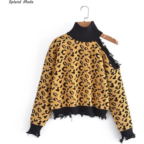 Splend Moda Vintage Fashion Knitted Turtleneck Loose Leopard Sexy Sweater 2021 Autumn Women Three Quarter Sleeve Pullover Casual