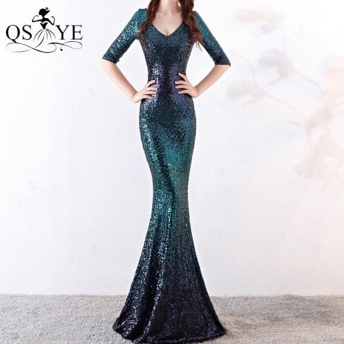 Green Mermaid Long Prom Dress Half Sleeves V-neck Sequined Color Fade Elegant Vestido De Festa De Gala Longo Abiye Gece Elbisesi