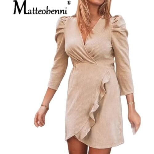 2021 New Autumn Winter Dress Fashion Solid V-Neck Seven Points Sleeve Ruffle Women Streetwear Midi Dresses Sexy Party Vestidos