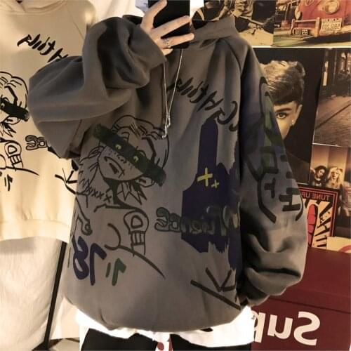 2020 Winter Mens Loose Doodle Printing Hoodies Casual Clothes Sweatshirts Thickening Velvet Pullover Keep Warm Coats Size M-2XL