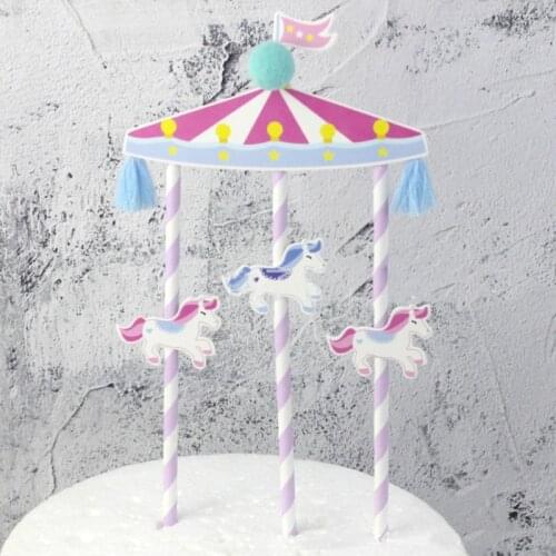 1pc Cute Pink Blue Carousel Birthday Cupcake Toppers Cake Topper Hourse Cake Decoration Baby Shower Party Supplies for Kids Gift