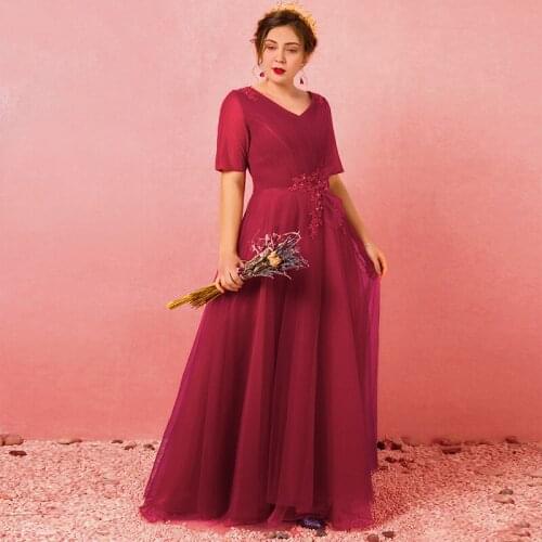Burgundy Deep V-Neck Evening Dress Short Sleeves Empire Appliques Floor-Length Sexy A-Line New Plus Size Women Formal Gowns D784