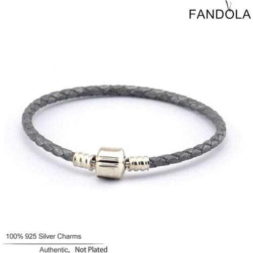 Genuine 925 Sterling Silver Jewelry Charm Bracelet Grey Waven Leather Bracelets for Women Fashion Jewellery pulseras mujer