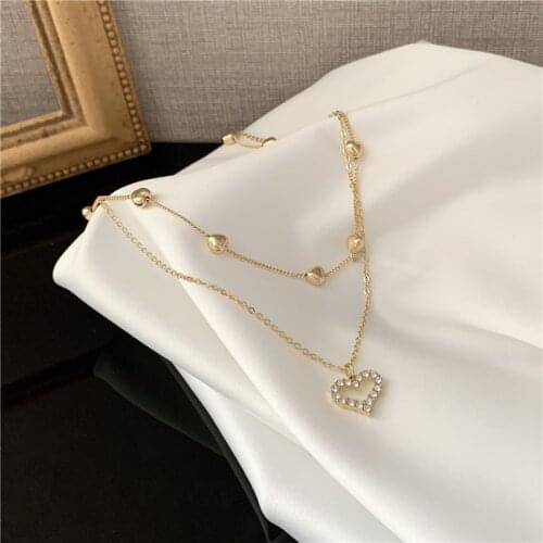 14k Real Gold Double Layer Heart Necklace Shining Bling AAA Zircon Women Clavicle Chain Elegant Charm Wedding Pendant Jewelry