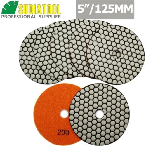 SHDIATOOL 7pcs 5"/125MM Grain #200 Resin Bond Diamond Flexible Dry Polishing Pads Sanding Disc For Granite Marble Polisher Pad