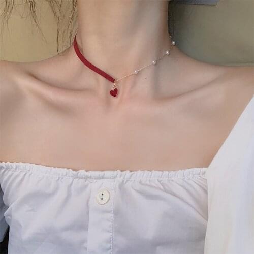 FFLACELL 2020 New Korea Chic Punk Hip Hop Sweet Asymmetric Red Heart Pearl Velvet Necklace for Women Girls Gift Party Jewelry
