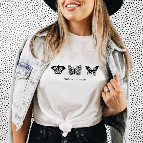 Embrace Change 100% Cotton T-shirt Aesthetic Butterflies Graphic Tee Shirt Top Women Inspirational Quote Tshirt