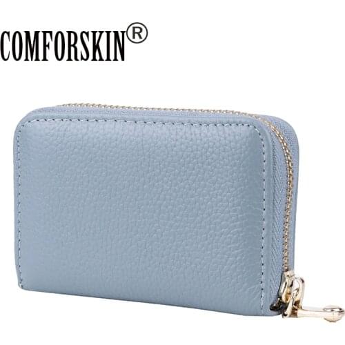COMFORSKIN Premium 100% Genuine Leather Card Wallets Unisex Practical Zipper Purse New Arrivals High Quality Business Card Case