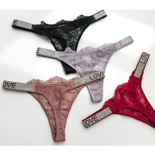 Lace Sexy Women Panties Underwear Rhinestone Letter Transparent G String Thongs For Female Low Rise Soft Ladies Briefs Lingerie