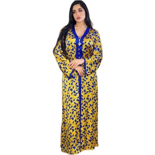 Moroccan Muslim Abaya Printed Casual V-neck Long Sleeve Arab Kaftan Long Dress For Women Turkish Middle East Dubai Islam Vestido