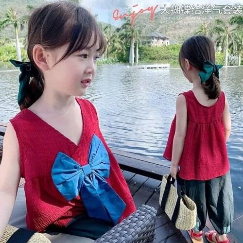 Cute Big Bow Baby Gilr Clothes Sets Summer Cotton Sleeveless Tops Shirts and Loose Pants 1-11 Years Children Clothing Outfits