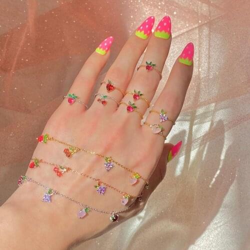 Gold color fashion finger ring Cute lovely colorful stone delicious Fruit peach apple cherry women girl rings