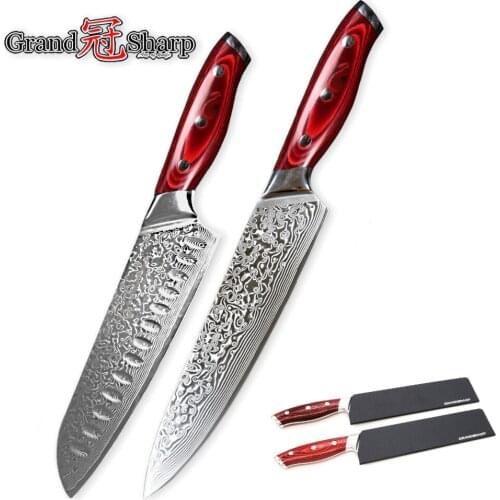 Knife Set 2-Piece Damascus Kitchen Knives Chef Santoku Knife Japanese Damascus Stainless Steel vg10 Sharp Cleaver Cooking Tools