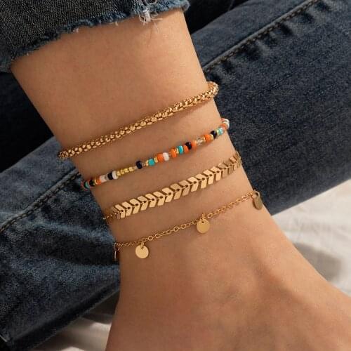 Docona Adjustable Colorful Beaded Anklet Set for Women Trendy Geometry Multilayer Alloy Metal Foot Chains Party Jewelry 16535
