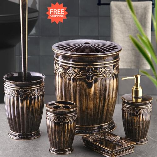 OceanLand Sultan Series 5 Pcs Bathroom Set Hard Plastic Toothbrush Holder Soap Dispenser Toilet Brush Dustbin