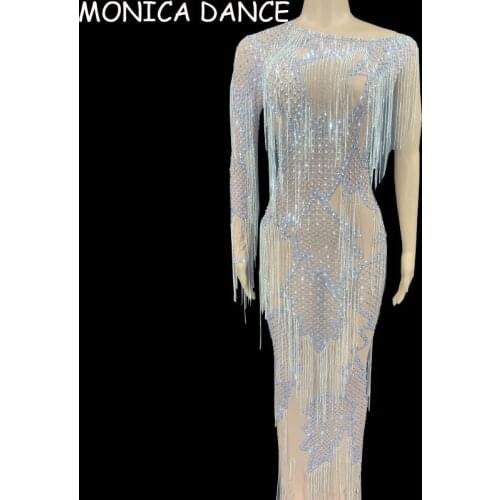 Women Sexy Stage Silver Rhinestone Fringe Transparent Mesh Dress Birthday Celebrate Prom Outfit Women Dancer One Sleeve Dress
