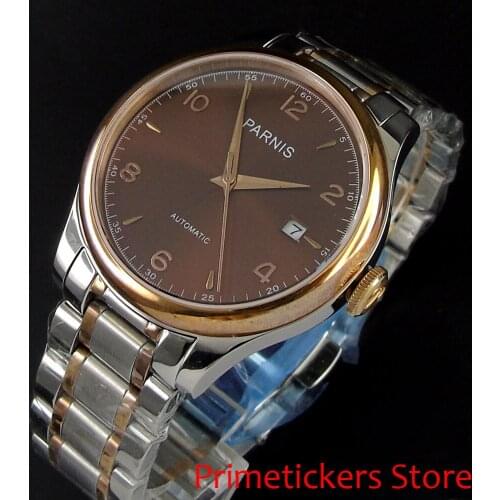 Golden plated hands 38mm PARNIS brown dial date sapphire glass automatic mens watch