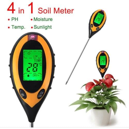 Professional Soil PH Meter 4 in 1 LCD Temperature Sunlight/Solar Moisture PH Garden Soil Tester Analysis Acidity Alkali