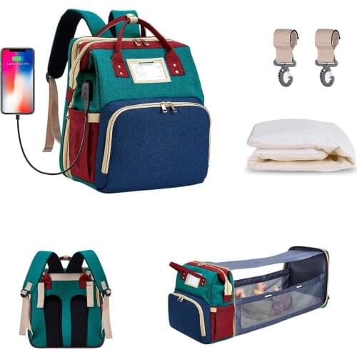 Diaper Bag Backpack with Travel bed Built-in USB Charging Port Waterproof Foldable Mommy Bag Changing Pad Stroller Hooks
