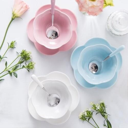 Japanese creative ceramic dessert snack bowl soup rice milk fruit salad bowl plate spoon set pink cute dish tableware
