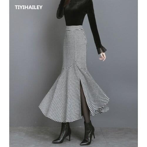 TIYIHAILEY Free Shipping Fashion Long Maxi Wool Skirt Women Plus Size M-2XL Mermaid Style Fish Tail Ladies Black Plaid Skirts