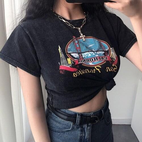 Womens US T-shirt tee vintage vegan black loose crimping printing short Y2K T-shirt Punk women Gothic top clothing