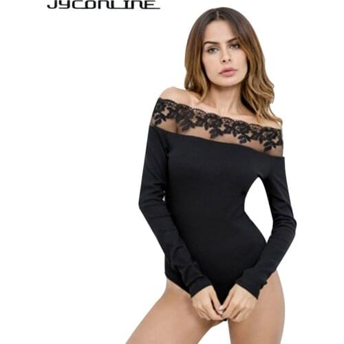 JYConline Women Sexy Off Shoulder Lace Bodysuit Short Jumpsuit Rompers Long Sleeve Body For Women Combinaison Femme Playsuits