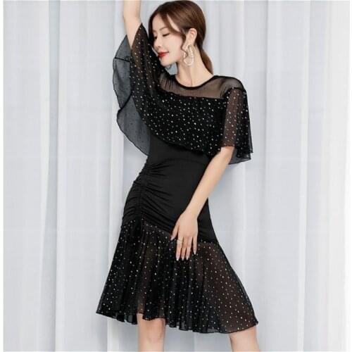 Women Latin Dance Dress Salsa Tango Ballroom Sequins Ruffle Rumba Practice Dancewear 904-B140