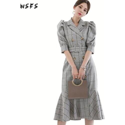 Summer Mermaid Dresses Notched Gray Plaid Women Dress Elegant Vintage Bodycon Bandage Office Ladies Sexy Party Midi Wrap Dress