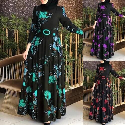 Long Sleeve Flower Print Women Dress Ethnic Floral Print Belt women skirt Maxi Kaftan Robe womens dress woman dresses