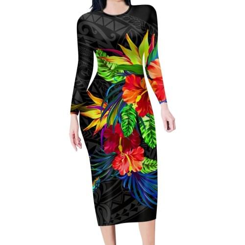 HYCOOL Tropical Flower Leaves Print Femme Robe O-neck Long Sleeve Sexy Dresses For Women 2020 Elegant Club Party Vestido